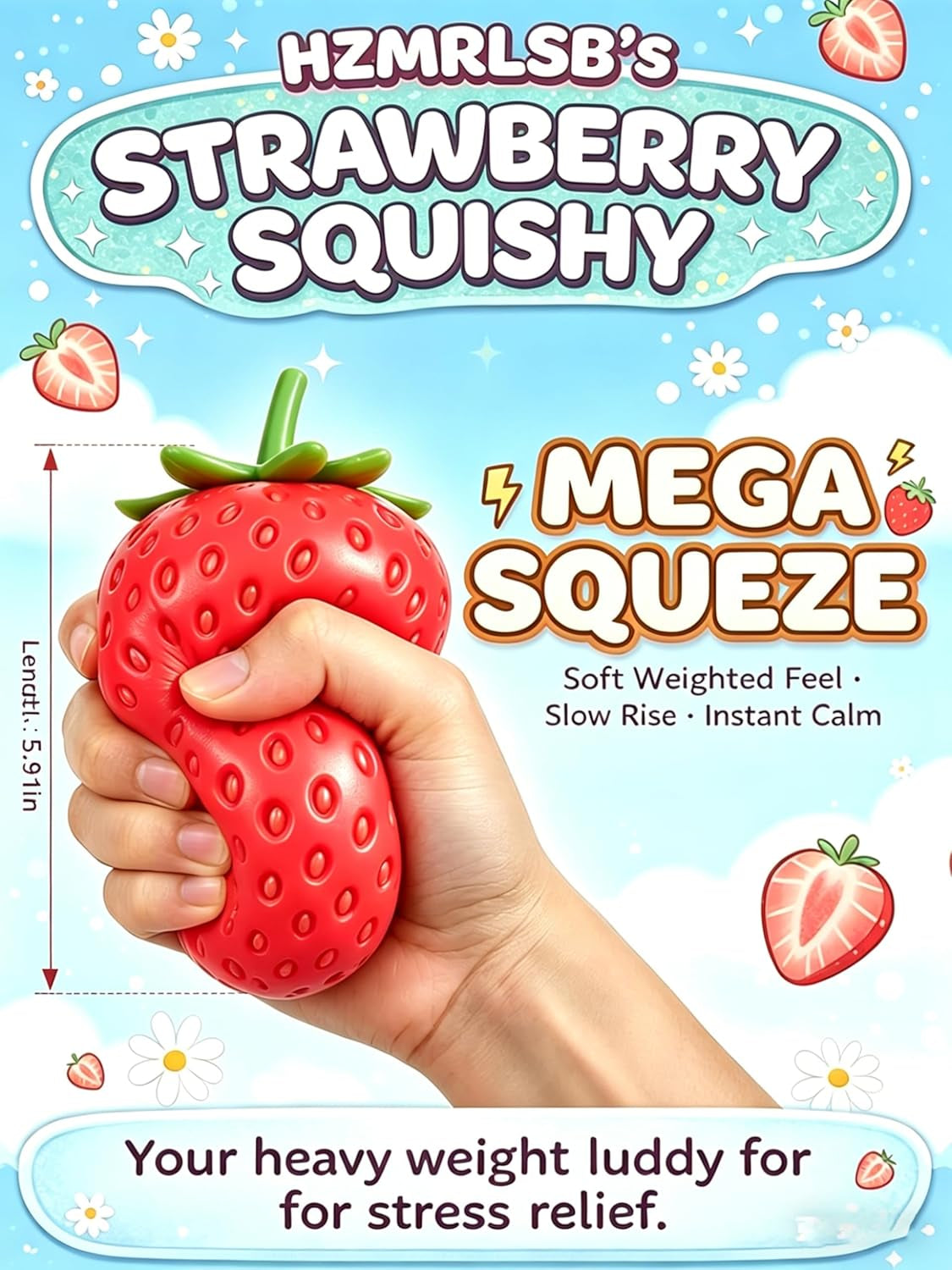 Giant Strawberry Squishy 5.9In, Slow Rising Stress Ball, Big Strawberry Squeeze Toy for Adults Kids, Soft Fruit Fidget Toy Anxiety Relief, Sensory Squishy Desk Decor (1Pcs)