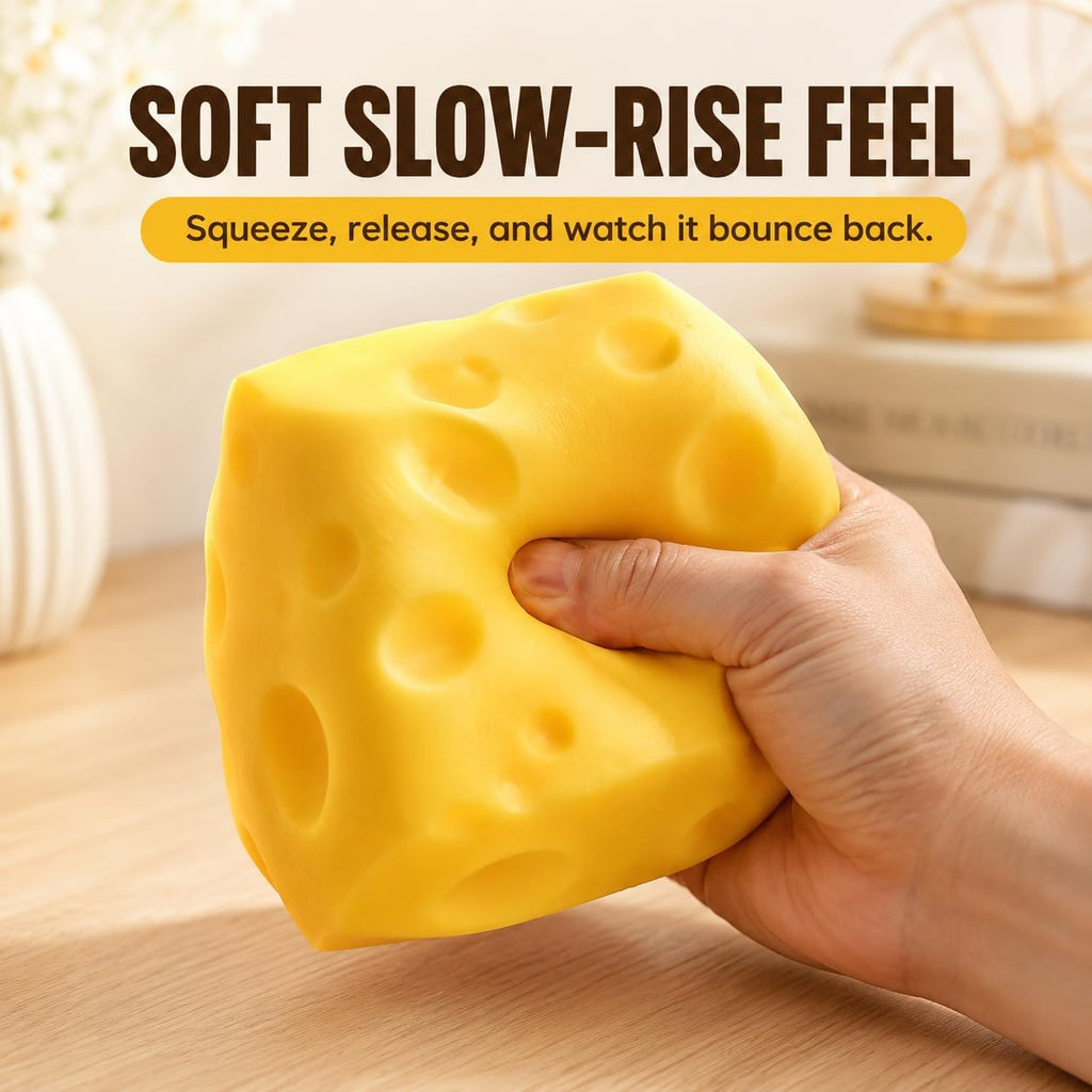 Cheese Squishy Toy, Approx. 4 Inch Large Slow-Rise Cheese Cube Squishy, Soft Squeezable Fidget Toy, Funny Stress Relief Desk Toy, Gift for Kids Teens Adults