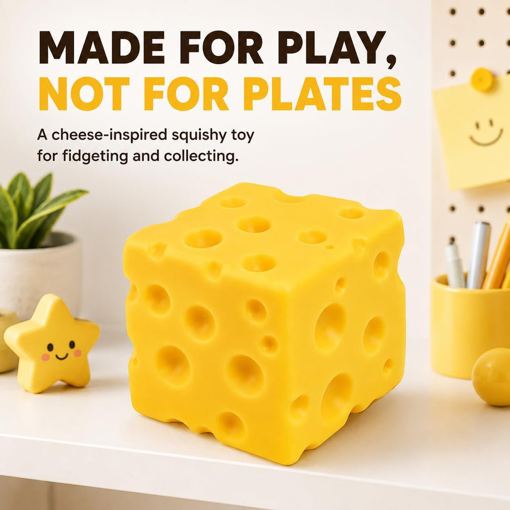 Cheese Squishy Toy, Approx. 4 Inch Large Slow-Rise Cheese Cube Squishy, Soft Squeezable Fidget Toy, Funny Stress Relief Desk Toy, Gift for Kids Teens Adults