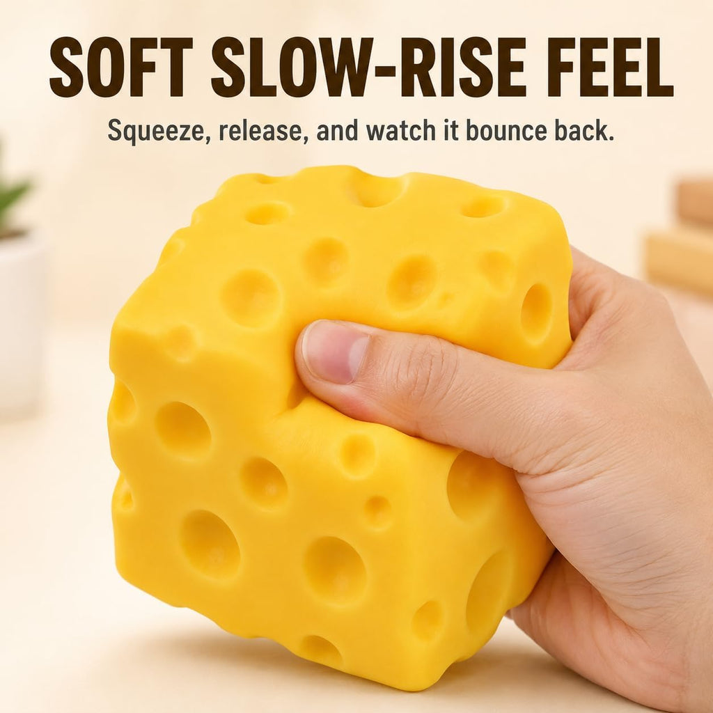 Cheese Squishy Toy, Approx. 4 Inch Large Slow-Rise Cheese Cube Squishy, Soft Squeezable Fidget Toy, Funny Stress Relief Desk Toy, Gift for Kids Teens Adults