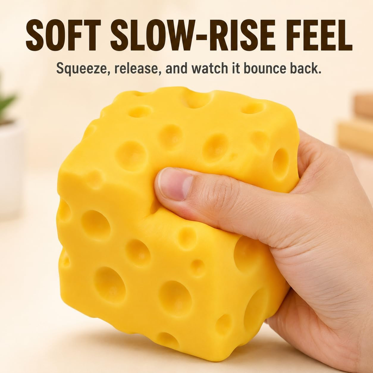 Cheese Squishy Toy, Approx. 4 Inch Large Slow-Rise Cheese Cube Squishy, Soft Squeezable Fidget Toy, Funny Stress Relief Desk Toy, Gift for Kids Teens Adults